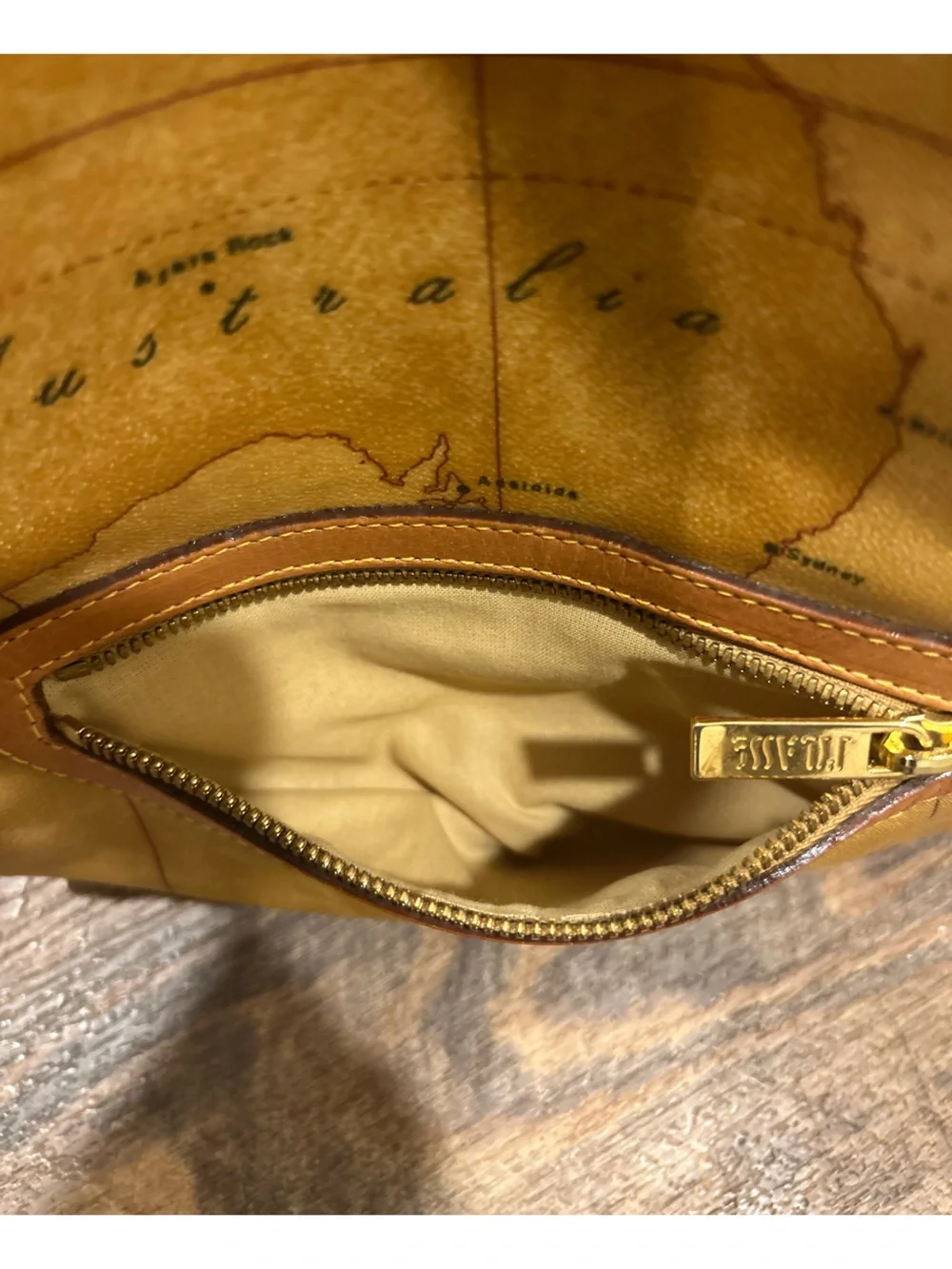 Alviero Martini 1A Classe Geo Map Sling Backpack Tan Coated Canvas Bag